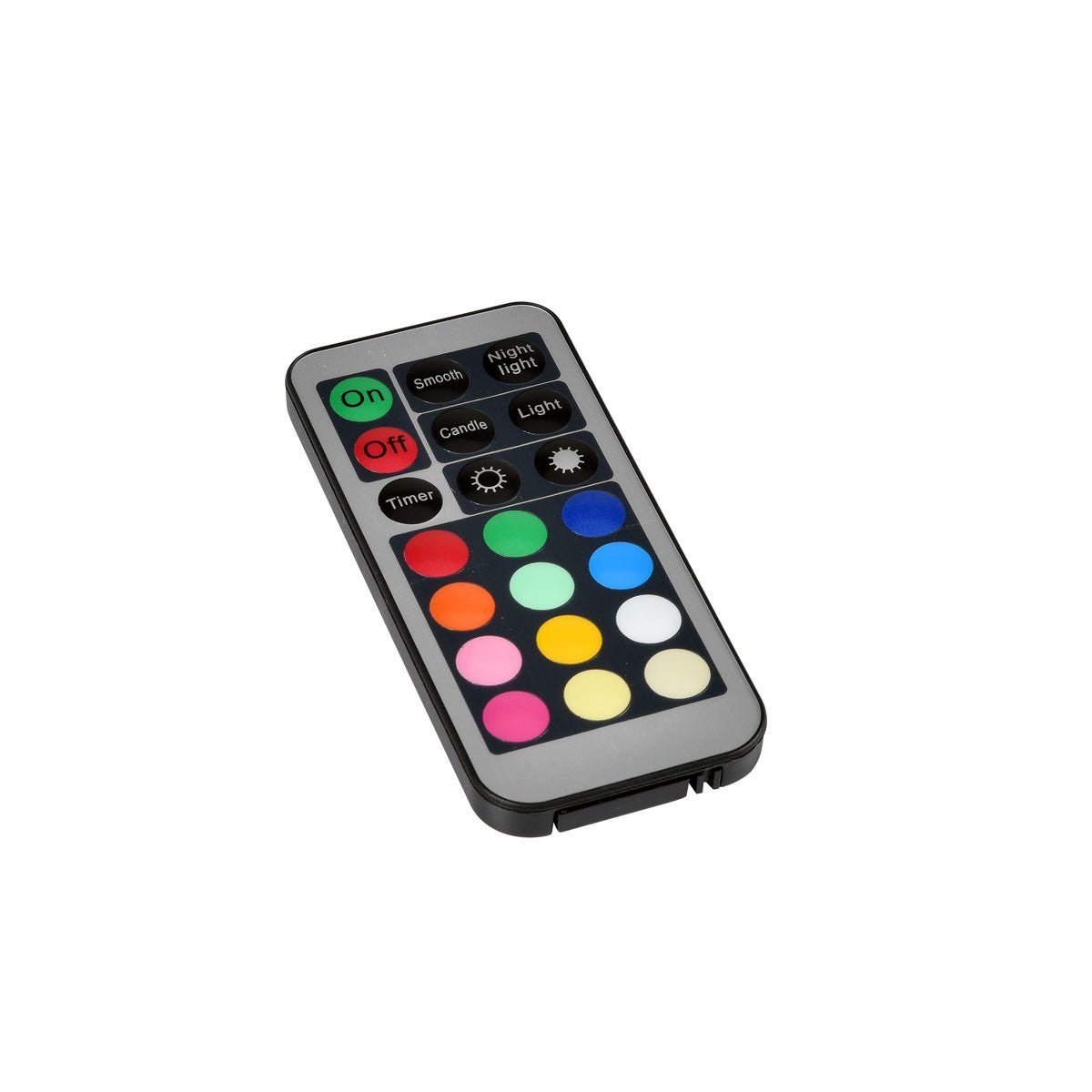 The Duni GmbH LED remote control, multi - Universal control for LED lighting (1 piece) features buttons for power, timer, light modes, brightness adjustment, and 12 color options in a black design with a gray border and colored buttons.