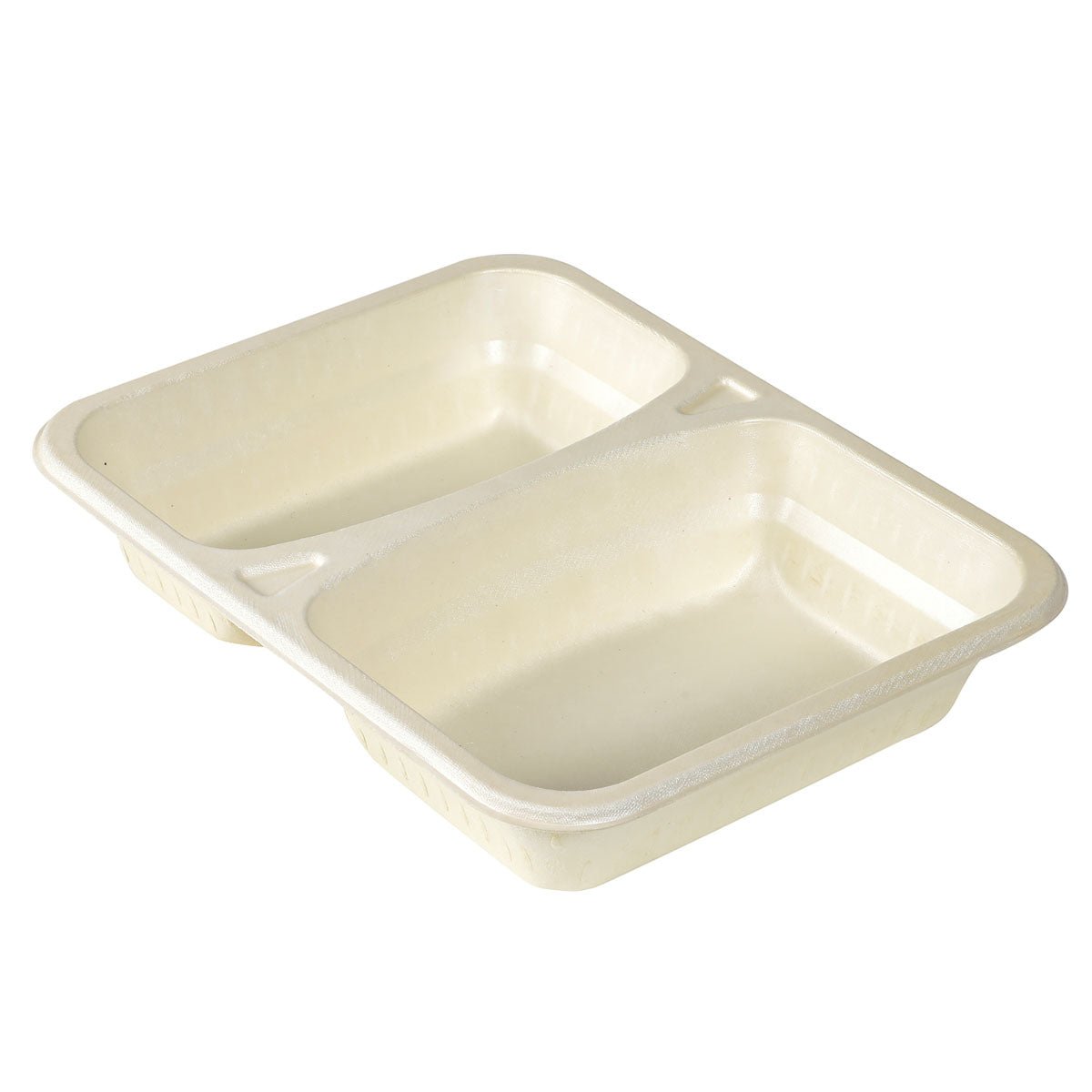 A beige, rectangular FIBER shell tray (227x178x45mm) from Duni GmbH, 2 compartments, made of environmentally friendly material - ideal for the catering industry - on a white background. Packaged as 1 box (package).