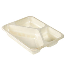 On a white background, a natural-colored FIBER bowl from Duni GmbH (227x178x45mm, 3-compartment) made of sustainable disposable material can be seen. The bowl has one large and two smaller compartments for separating different foods.