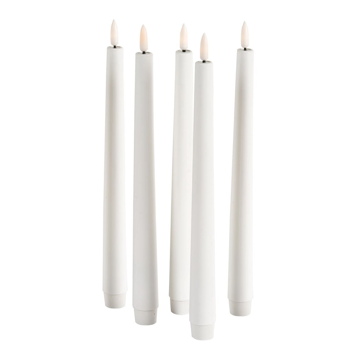 The LED replacement set of taper candles from Duni GmbH is a high-quality decorative candle with a pointed tip, plastic flame, and twist-off base. The battery-operated white taper candle stands upright and is perfect for stylish home decoration. Package: 1 piece.