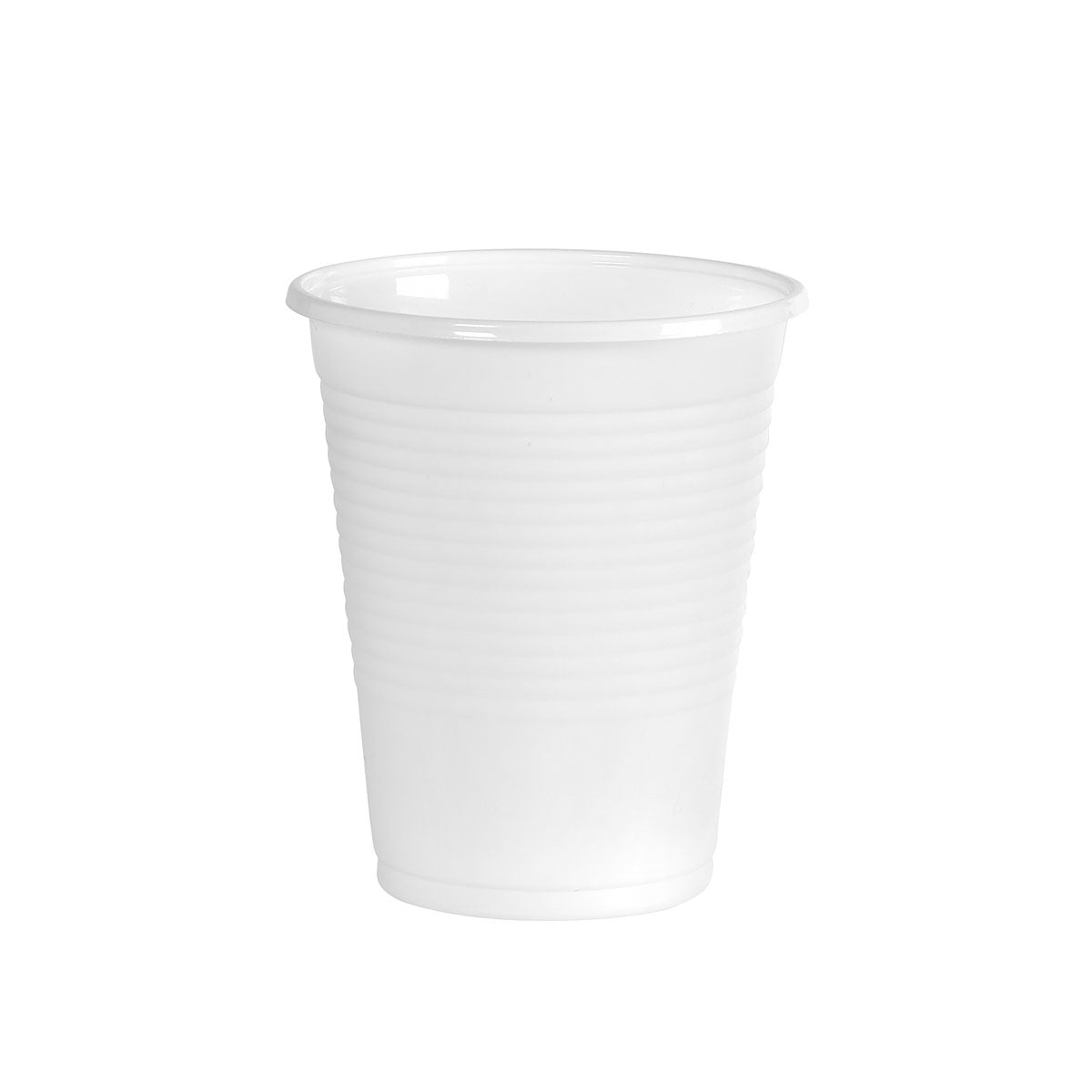 A Duni GmbH plastic cup, 210ml white, with a slightly flared rim and horizontal grooves, stands upright on a white background. Perfect as a cup for events or everyday use. Package: 100 pieces.
