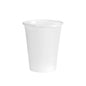 A Duni GmbH plastic cup, 210ml white, with a slightly flared rim and horizontal grooves, stands upright on a white background. Perfect as a cup for events or everyday use. Package: 100 pieces.