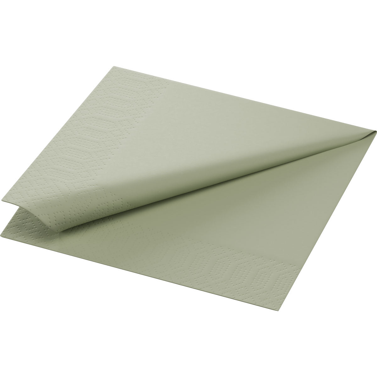 A single-folded cell napkin 33x33 3-ply 1/4 pistachio green by Duni GmbH with a subtle embossed edge as a stylish table decoration, high-quality and ideally presented - pack of 250 pieces.