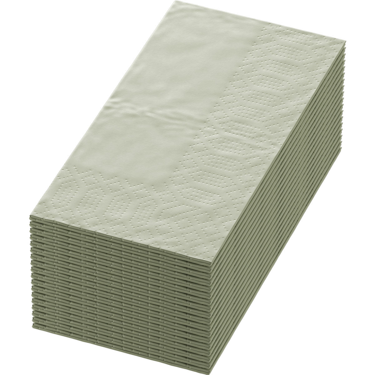A stack of 33x33 cm large, 3-ply paper napkins in pistachio green by Duni GmbH, with a patterned edge on one side, viewed diagonally from above. The package contains 250 high-quality napkins.