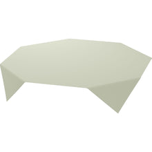 A bright, irregularly shaped, geometric table with slanted edges and flat surfaces stands against a white background, complemented by a Duni GmbH Bio-Dunicel tablecloth 84x84 cm in pistachio green (pack of 20 pieces).