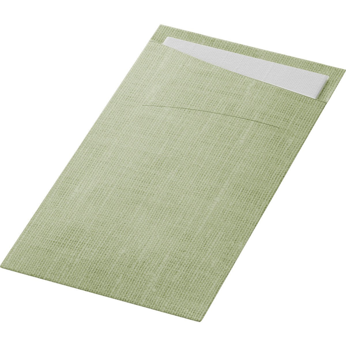 The SACCHETTO Bio D-Soft by Duni GmbH is a light green, textured, rectangular napkin with a pocket that holds a white napkin. Made from eco-friendly material, it serves as an eco-friendly bag for added sustainability.