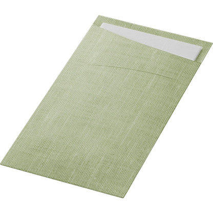 The SACCHETTO Bio D-Soft by Duni GmbH is a light green, textured, rectangular napkin with a pocket that holds a white napkin. Made from eco-friendly material, it serves as an eco-friendly bag for added sustainability.