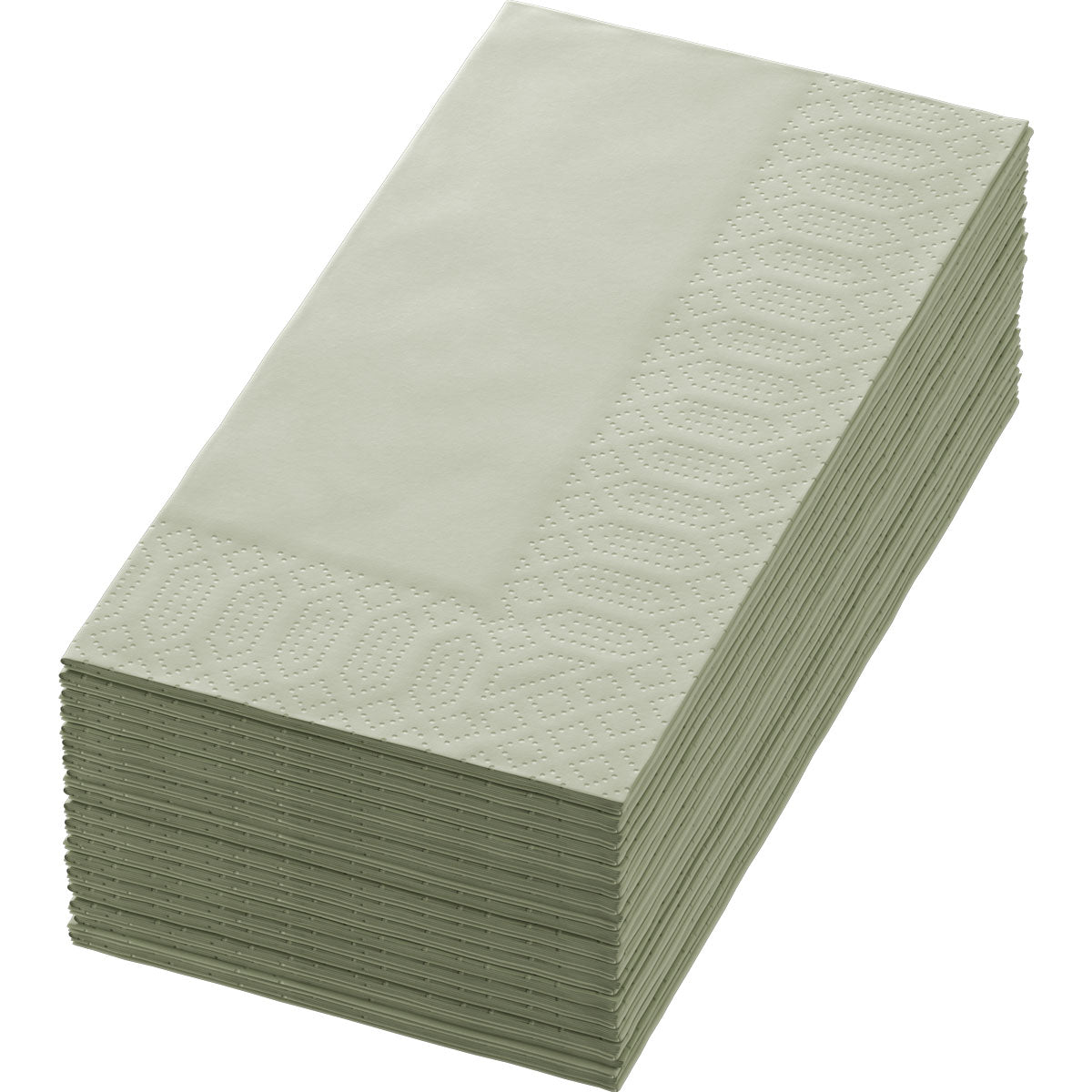 A pack of 250 high-quality pistachio green napkins Zellt.Serv.40x40 3ply 1/8 BF. from Duni GmbH, each 40x40 cm with decorative embossing, is neatly laid out on a flat surface.