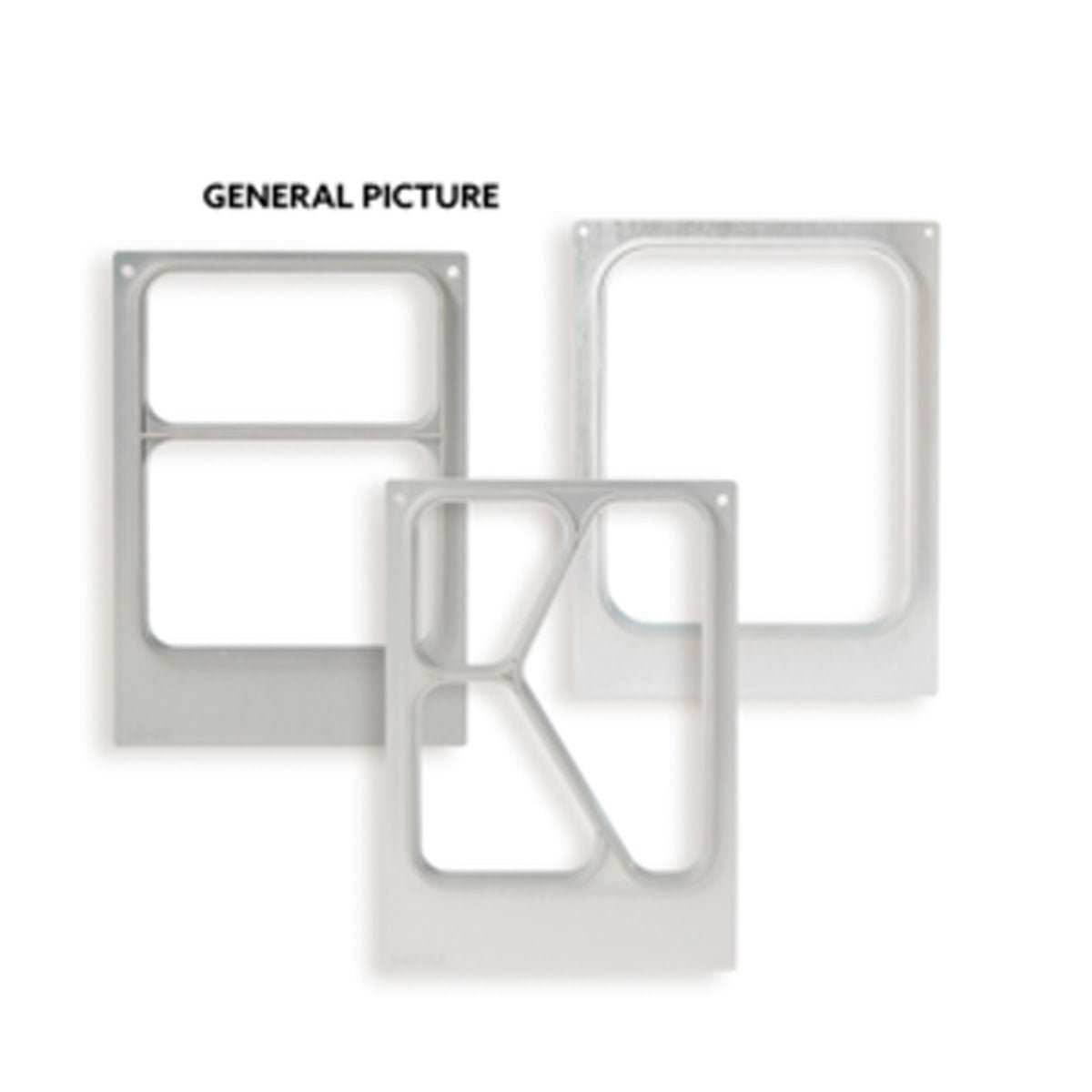 Three rectangular metal frames from Duni GmbH, suitable for the cassette DF15/25 2-CAV for Ronda wide (1 package), stand upright with various cutout patterns against a white background. Above the left frame is "GENERAL PICTURE".
