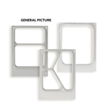 On a white background, three rectangular metal frames with different partition patterns are depicted. Above the frames, "GENERAL PICTURE" highlights the flexibility of the DF15/25 1-CAV cassette for Ronda wide+ | Box (1 pack) by Duni GmbH.