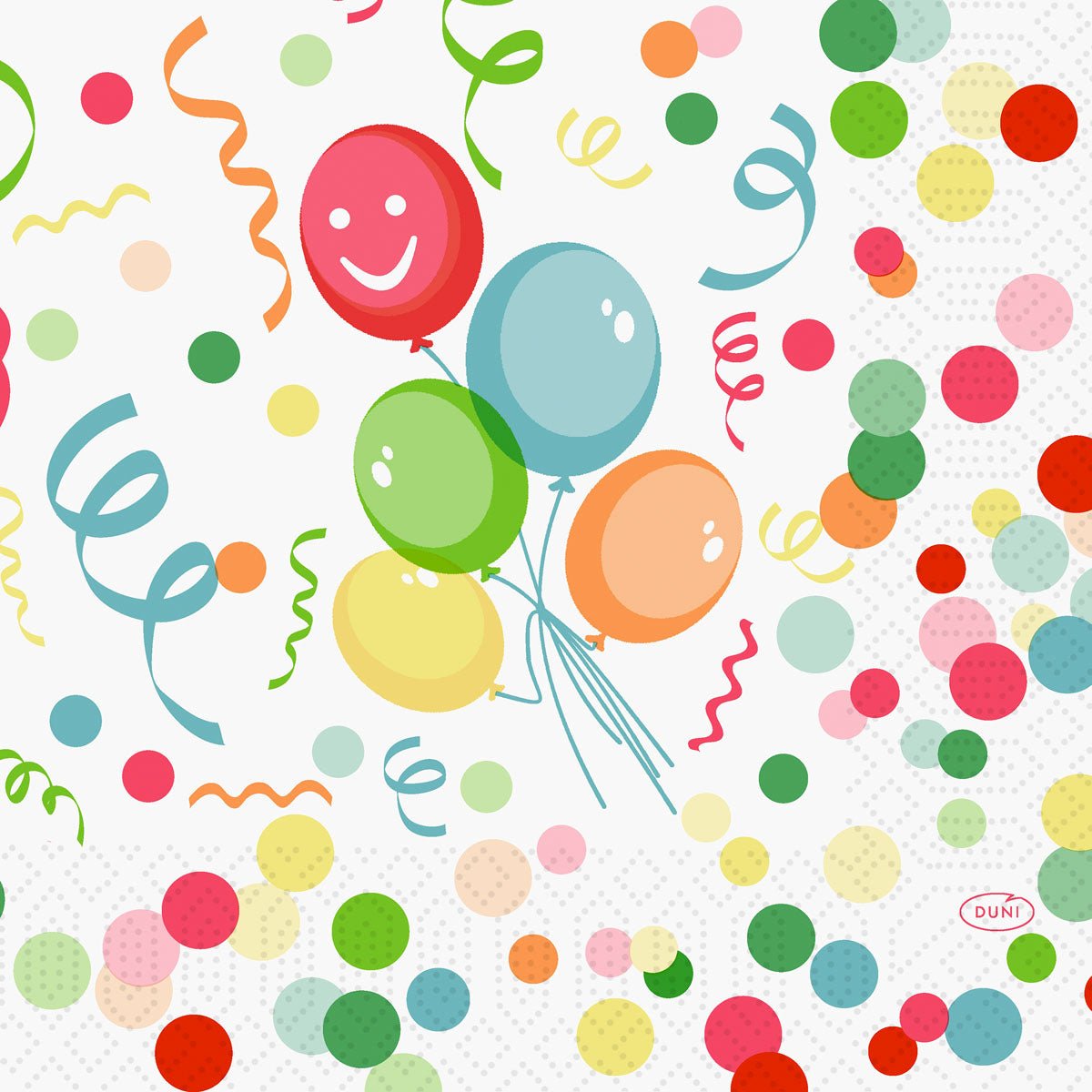The Duni GmbH Zellt.-Serv. 33 cm 3-ply 1/4-fold Happy Bubbles napkins (50 pieces) bring a festive flair to any party with colorful balloons, confetti dots, and streamers on a bright, cheerful background.