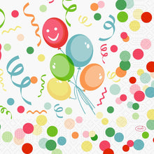 The Duni GmbH Zellt.-Serv. 33 cm 3-ply 1/4-fold Happy Bubbles napkins (50 pieces) bring a festive flair to any party with colorful balloons, confetti dots, and streamers on a bright, cheerful background.