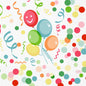 A pack of 250 Duni GmbH Zellt.-Serv.33 3lg 1/4 Happy Bubbles Balloon Napkins features five colorful balloons, one with a smiling face, surrounded by festive confetti and streamers on a white background - ideal for celebrations.