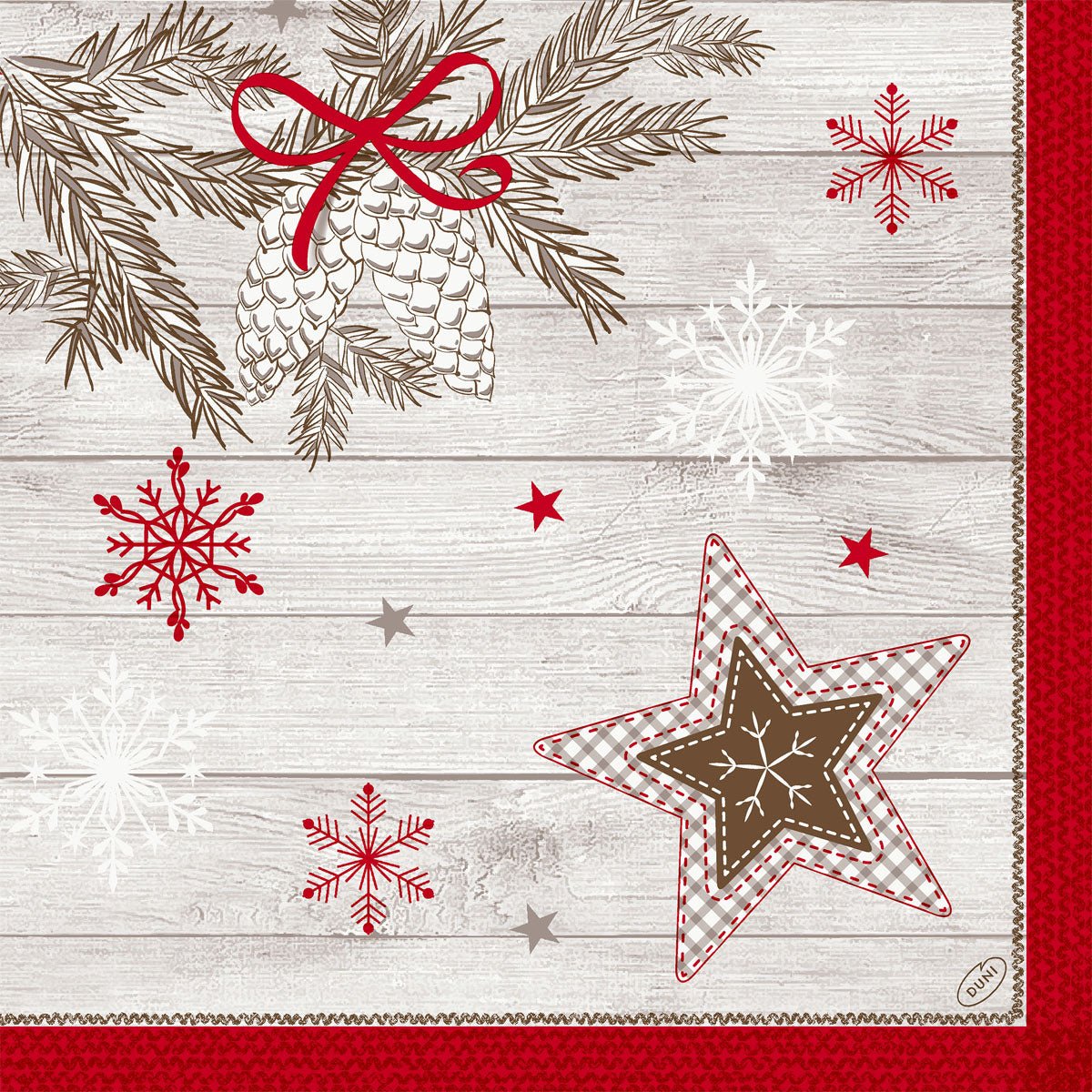 Add some festive charm to your table with Duni GmbH's 40x40 4-ply Classic Cozy Winter napkins (50 count), featuring pinecones, red bows, stars, snowflakes, and gingerbread on a light wood-grain background with a red border.