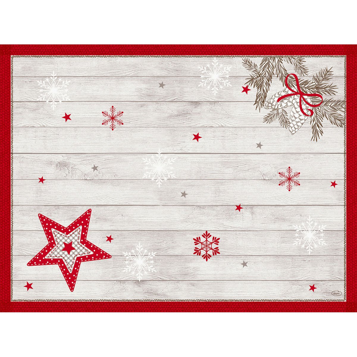 The Dunicel sets 30x40 from Duni GmbH is a rectangular disposable placemat in white wood look with red and white stars, snowflakes, pine cones with red-green ribbon, and red border as an accent.