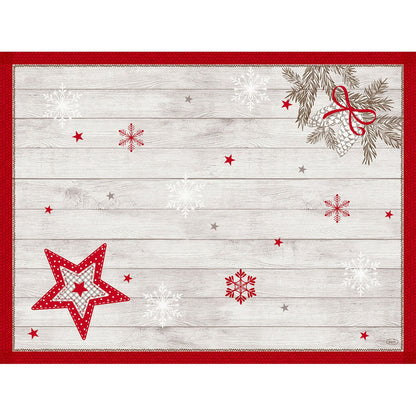 The Dunicel sets 30x40 from Duni GmbH is a rectangular disposable placemat in white wood look with red and white stars, snowflakes, pine cones with red-green ribbon, and red border as an accent.