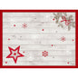 The Dunicel sets 30x40 from Duni GmbH is a rectangular disposable placemat in white wood look with red and white stars, snowflakes, pine cones with red-green ribbon, and red border as an accent.