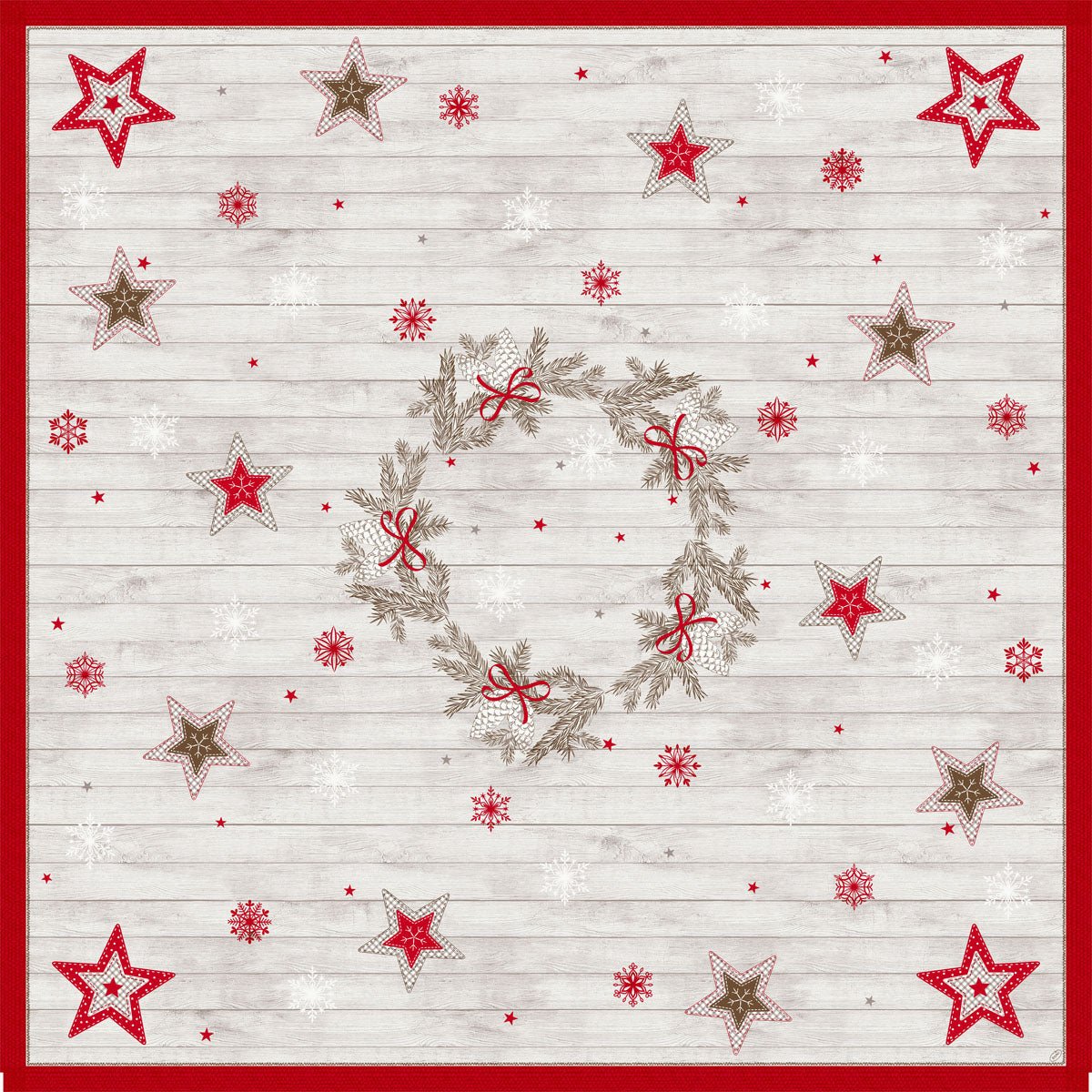 The Dunicel tablecloth 84x84cm Cozy Winter by Duni GmbH features a wreath of branches and red bows, with red and beige stars and snowflakes on a light wood background. Ideal holiday decoration, available in packs of 20 pieces.
