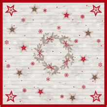 The Dunicel tablecloth 84x84cm Cozy Winter by Duni GmbH features a wreath of branches and red bows, with red and beige stars and snowflakes on a light wood background. Ideal holiday decoration, available in packs of 20 pieces.