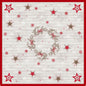 The Dunicel tablecloth 84x84cm Cozy Winter by Duni GmbH features a wreath of branches and red bows, with red and beige stars and snowflakes on a light wood background. Ideal holiday decoration, available in packs of 20 pieces.