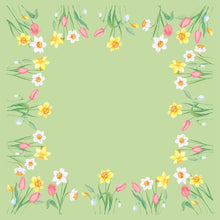 The Bio-Dunicel middle doily Spring Melody (84x84 cm) by Duni GmbH features a green center, framed by watercolor tulips, daffodils, and white blossoms - ideal as a floral table decoration for spring occasions. Pack of 100 pieces.