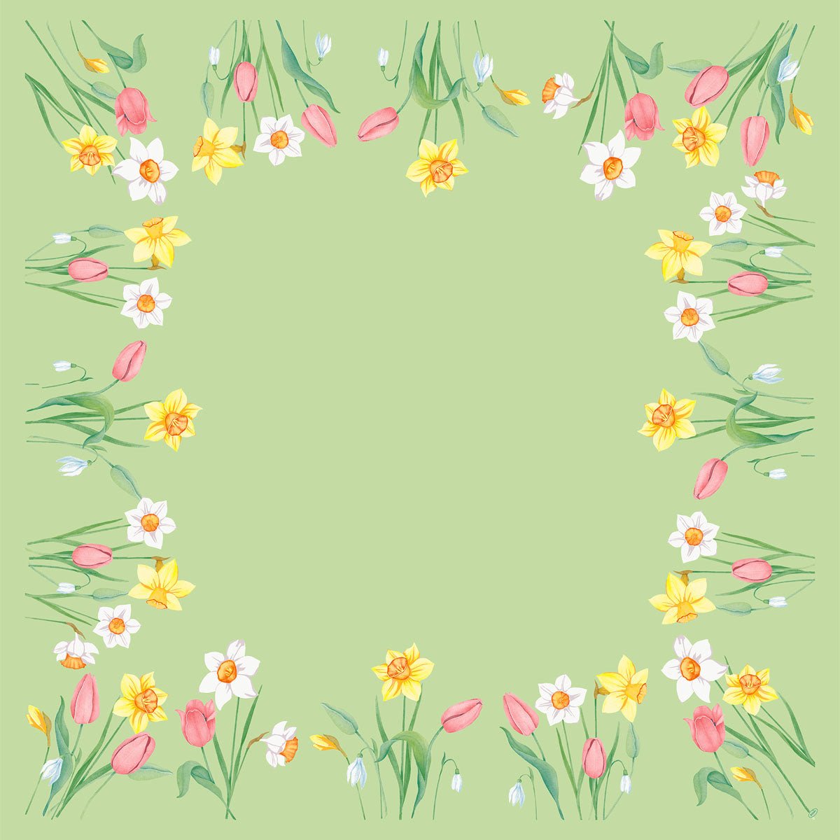 The Dunisilk MD Spring Melody 84x84 cm tablecloth by Duni GmbH features a light green background with a border of watercolor flowers, including tulips and daffodils - ideal for elegant spring table decoration. Pack of 20 pieces.