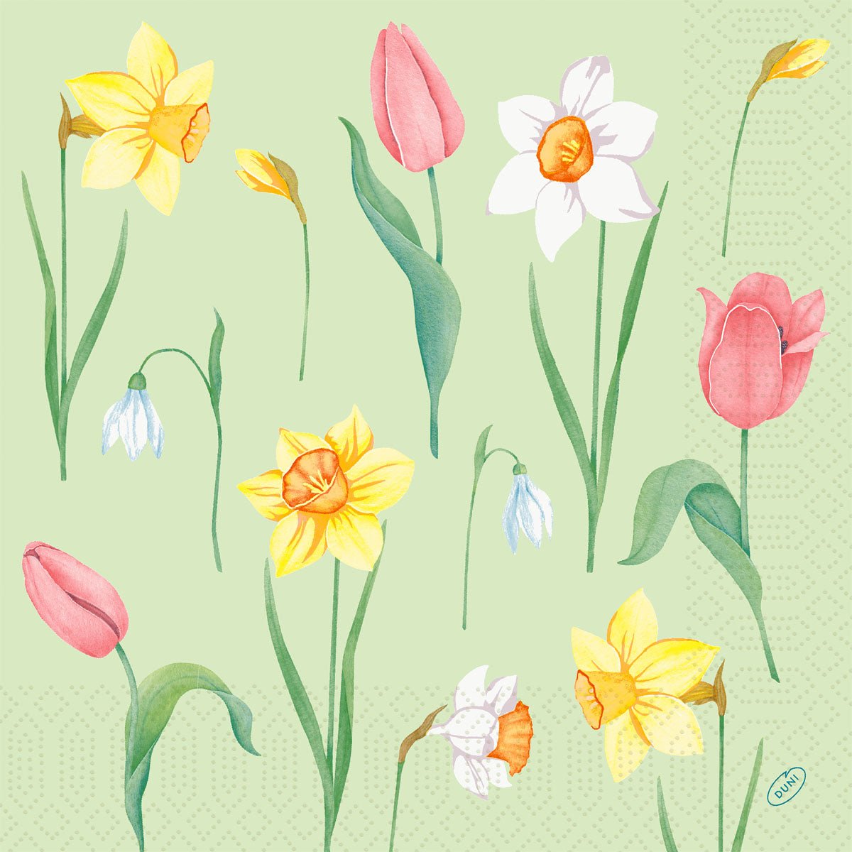 Napkins 40x40 cm 3-ply Spring Melody by Duni GmbH: Illustration with yellow daffodils, pink tulips, white snowdrops, and a white daffodil on a light green background - Pack of 250 paper napkins.