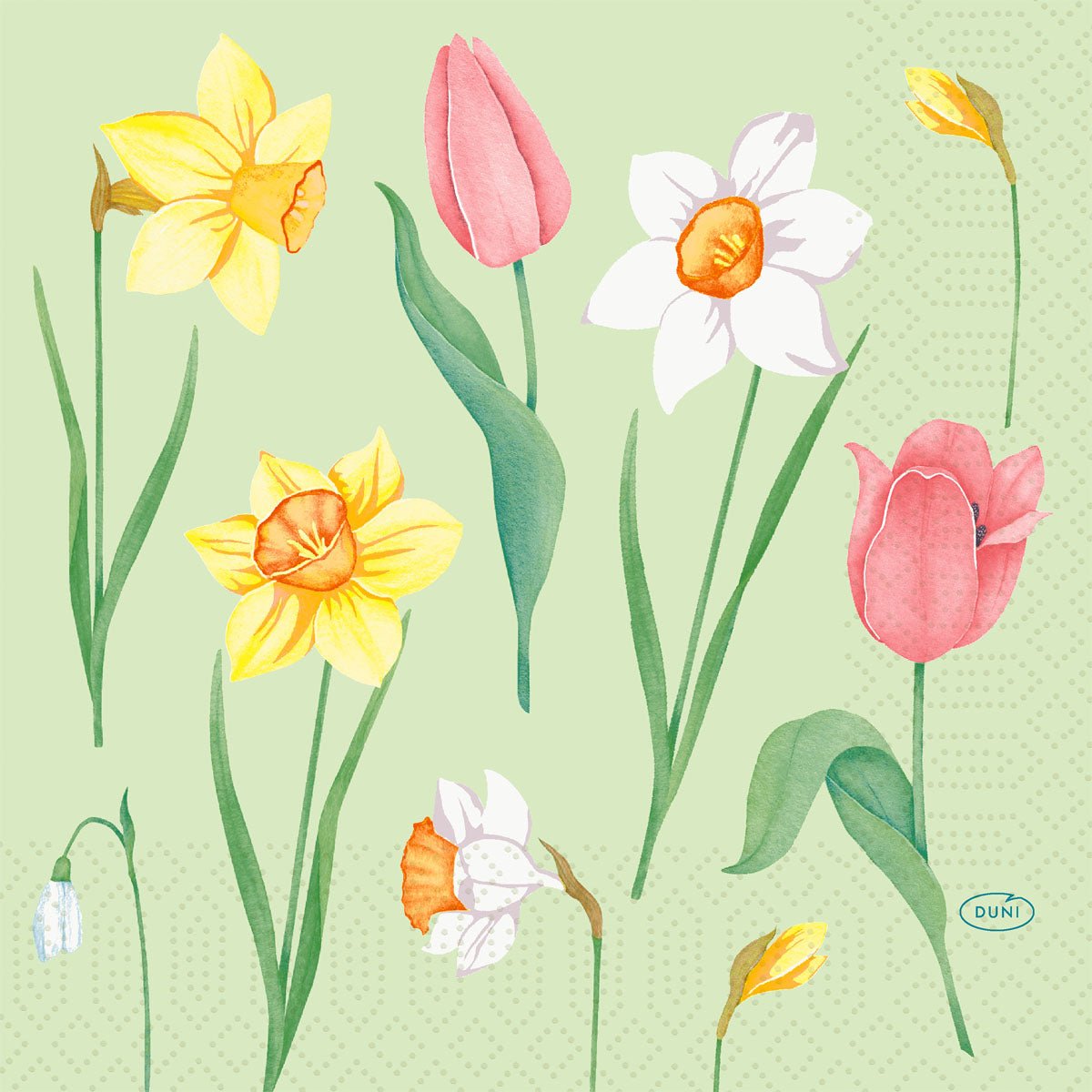 The 33 cm 3-ply 1/4-fold napkins Spring Melody from Duni GmbH feature yellow daffodils, white and yellow Easter lilies, pink tulips, and snowdrops on a light green background - ideal for spring table decoration. Pack of 50 pieces.