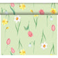 The Bio-DC-Tete a Tete 0.4x24m by Duni GmbH is a light green wallpaper adorned with pink, yellow, and white tulips, daffodils, and snowdrops - a sustainable decoration for your room.