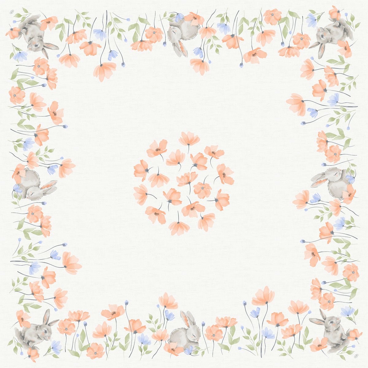 This white tablecloth Bio-Dunicel-Mitteld.84x84 Bunny Bloom by Duni GmbH features orange and blue watercolor flowers, green leaves, and gray rabbits in the corners with a floral wreath in the center. Contains 20 napkins per pack.
