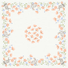 This white tablecloth Bio-Dunicel-Mitteld.84x84 Bunny Bloom by Duni GmbH features orange and blue watercolor flowers, green leaves, and gray rabbits in the corners with a floral wreath in the center. Contains 20 napkins per pack.