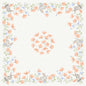 This white tablecloth Bio-Dunicel-Mitteld.84x84 Bunny Bloom by Duni GmbH features orange and blue watercolor flowers, green leaves, and gray rabbits in the corners with a floral wreath in the center. Contains 20 napkins per pack.