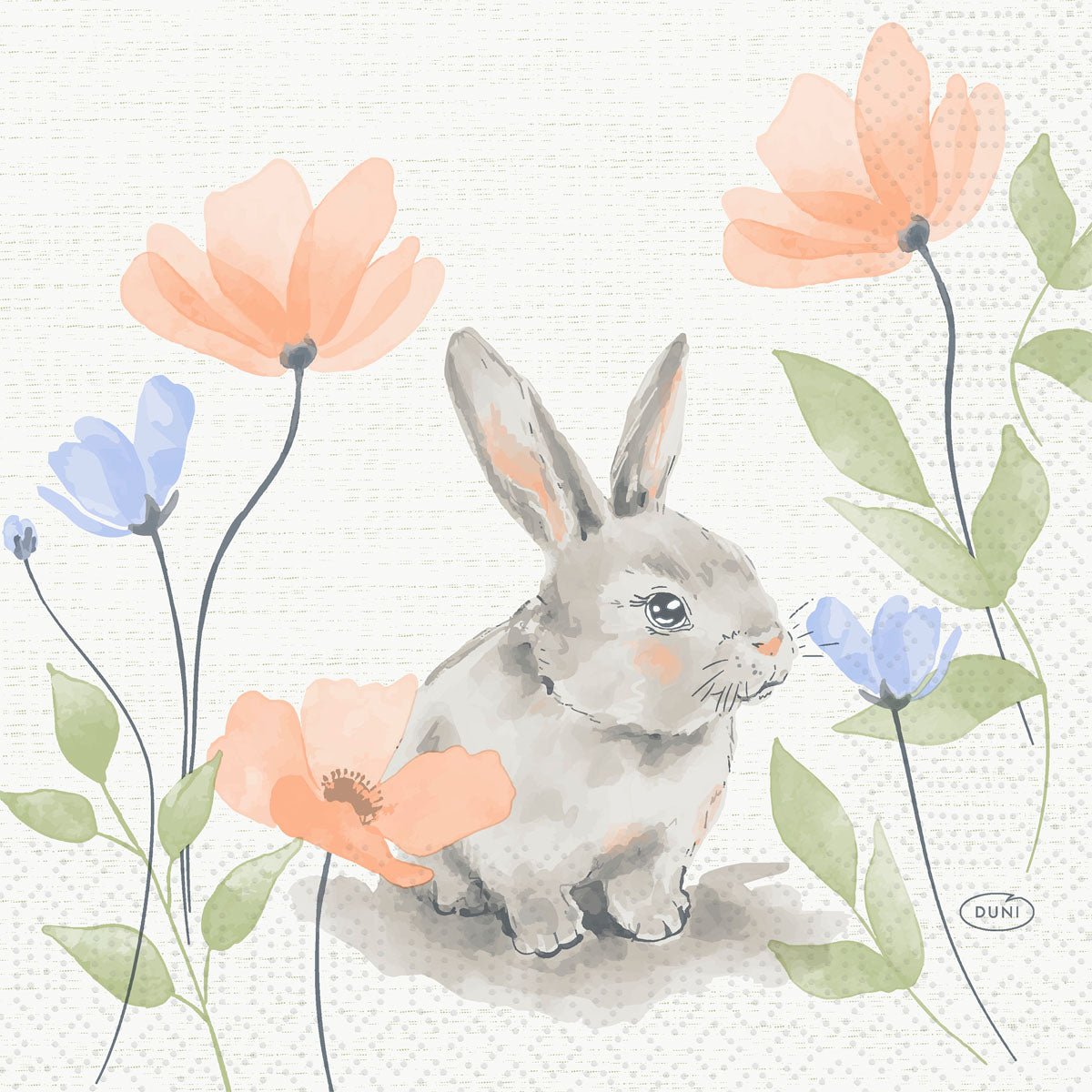 The Bunny Bloom napkins 33 cm 3-ply 1/4-fold from Duni GmbH feature a gray rabbit among light orange and blue flowers - ideal as Easter or spring napkins. The package contains 50 pieces.