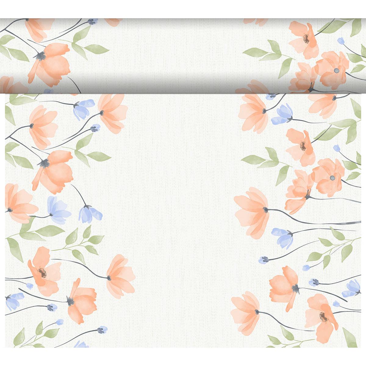 The Bio-DC-Tete a Tete 0.4x24m by Duni GmbH features a white background bordered at the top, left, and right edges with orange and blue flowers and green leaves in watercolor style, leaving the center largely free for sustainable decoration.