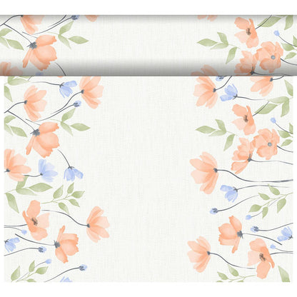 The Bio-DC-Tete a Tete 0.4x24m by Duni GmbH features a white background bordered at the top, left, and right edges with orange and blue flowers and green leaves in watercolor style, leaving the center largely free for sustainable decoration.