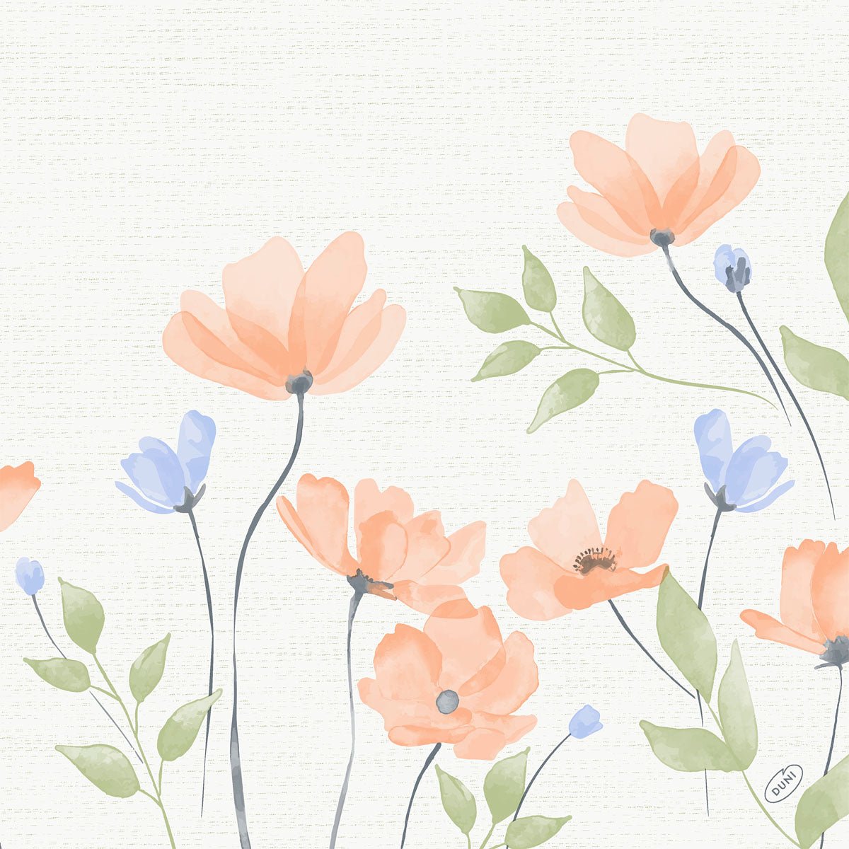 Watercolor illustration of orange and light blue flowers with green leaves on slender stems, against a slightly textured background, perfect for the Bio-Dunisoft napkin by Duni GmbH. 40x40cm.