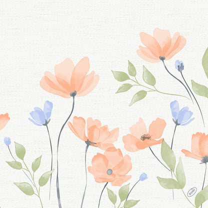 Watercolor illustration of orange and light blue flowers with green leaves on slender stems, against a slightly textured background, perfect for the Bio-Dunisoft napkin by Duni GmbH. 40x40cm.