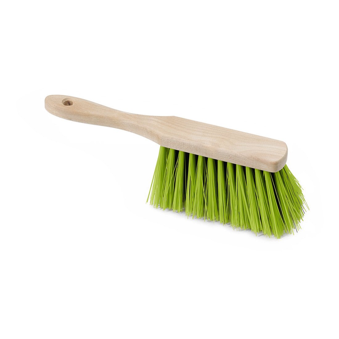 The Nölle Profi Brush Prestige Hand Brush 29 cm from Nölle Profi Brush Bürsten- & Pinseltechnik e.K. is characterized by a light beechwood handle and green Elaston bristles, which are depicted on a white background.