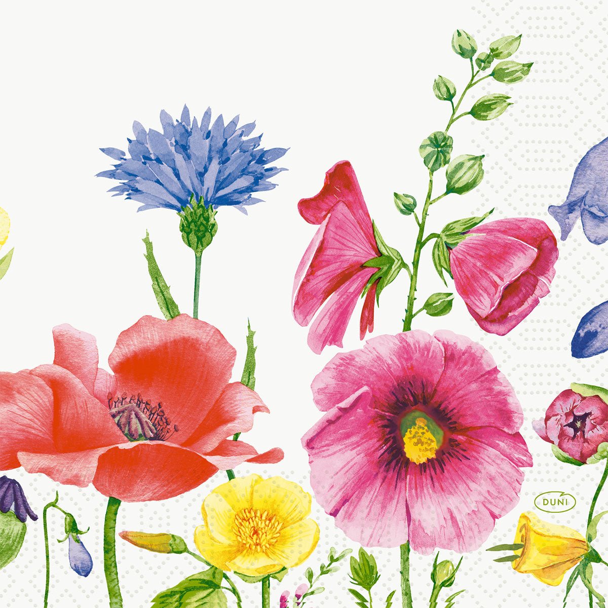 The napkins 33 cm 3-ply Flowy Meadow paper napkins by Duni GmbH (50 pieces) are decorated with colorful floral motifs on a white background and bring stylish charm to any party table.