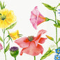 Colorful flowers and green leaves adorn a white background on this high-quality napkin, 24x24 3-ply 1/4 by Duni GmbH. The "Duni" logo at the bottom right makes it perfect for special occasions.
