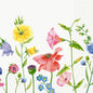 Napkins 40x40 cm 3-ply Flowy Meadow by Duni GmbH: Decorative paper napkins with colorful wildflowers - yellow, pink, purple, and blue blossoms on a green meadow design against a white background and a subtle pattern border on the right. Pack (250 pieces).