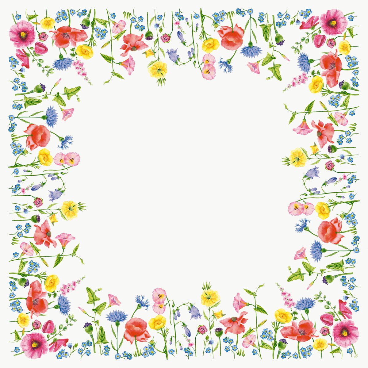 A white, square frame, surrounded by bright watercolor flowers and green leaves, reminiscent of the elegant, biodegradable Bio-Dunicel centerpiece. 84x84cm Flowy Meadow by Duni GmbH - perfect for table decoration. The center remains free for your design.