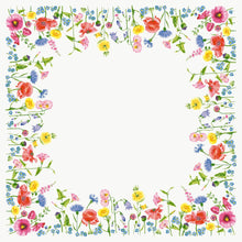 A white, square frame, surrounded by bright watercolor flowers and green leaves, reminiscent of the elegant, biodegradable Bio-Dunicel centerpiece. 84x84cm Flowy Meadow by Duni GmbH - perfect for table decoration. The center remains free for your design.