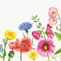 Colorful wildflowers - red poppies, yellow buttercups, pink hollyhocks, blue cornflowers - arranged on a plain white background, ideal for the Bio-Dunisoft napkin. 40x40cm by Duni GmbH.