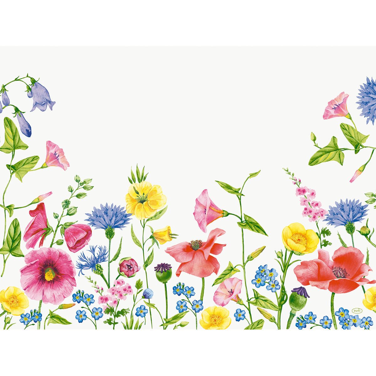 The paper placemats 30x40cm Flowy Meadow by Duni GmbH feature enchanting illustrations of pink, yellow, blue, and red wildflowers on a white background - perfect for adding color to your table decoration. Pack (250 pieces).