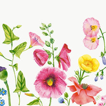Colorful blossoms like pink hollyhocks and yellow buttercups with green leaves on a white background - ideal as a floral meadow pattern for Duni GmbH napkins 40x40 cm 4-ply Classic Flowy Meadow paper napkins (50 pieces).