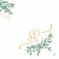 The Dunilin napkins 40x40 cm Love Hearts by Duni GmbH have a white background, watercolor green leaves in two corners, and two golden decorative hearts above the leaves. Includes a small logo at the bottom right. Pack of 45 pieces.