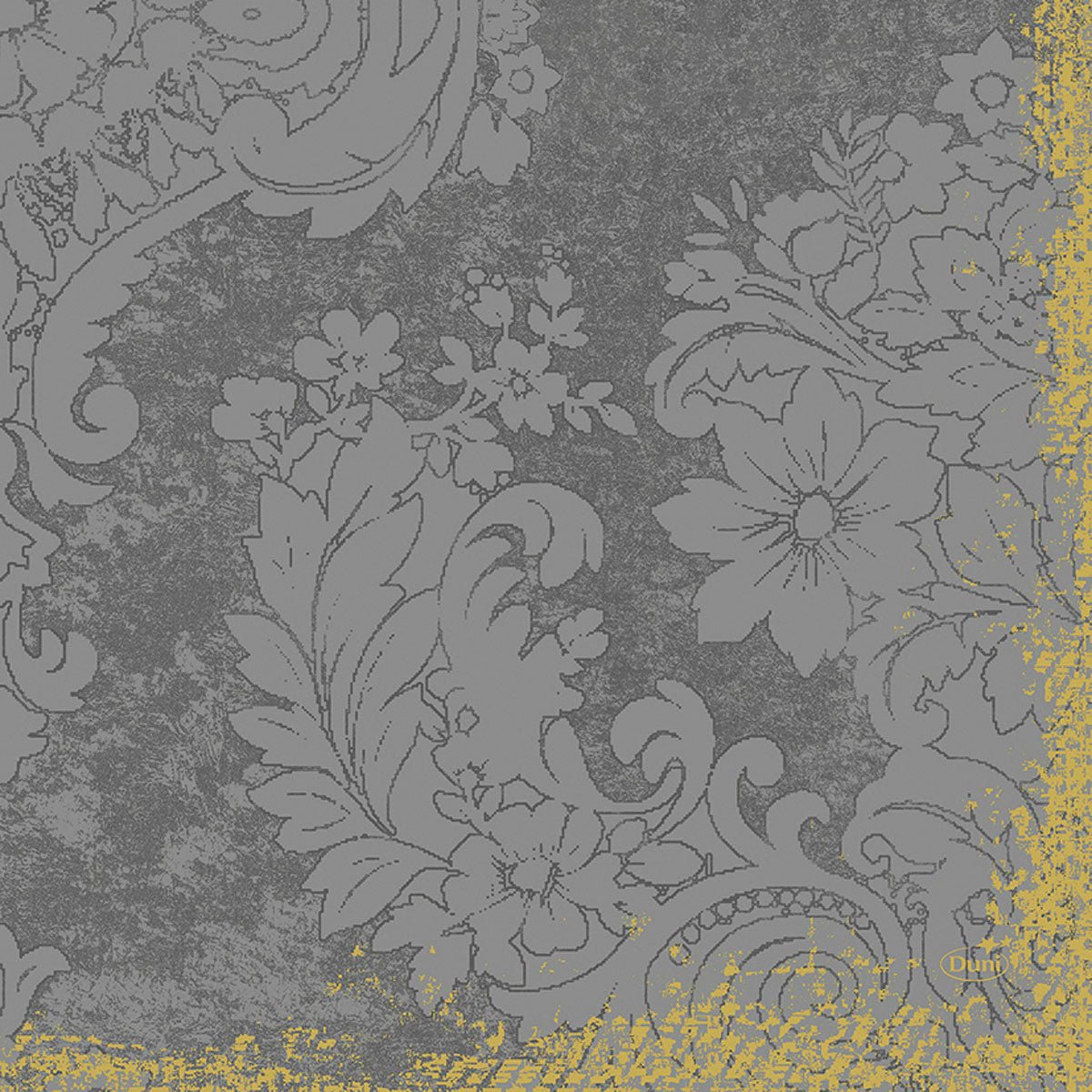 A gray, floral damask pattern with bold blossoms and leaves fills the image, accented by a rough, yellow color border that highlights the Duni GmbH Zellt.Serv.40x40 Classic Royal granite gray napkins (50 pieces) in an elegant granite look.