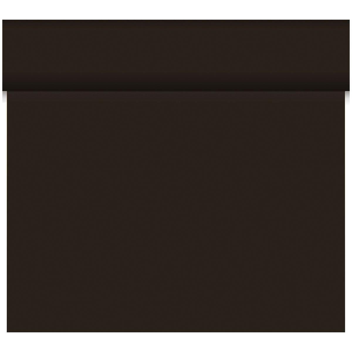 The Duni GmbH Bio-DC-Tete a Tete 0.4x24m is a solid dark brown rectangle made of biodegradable material, with a subtle horizontal shadow or crease near the top edge, depicted on a white background.