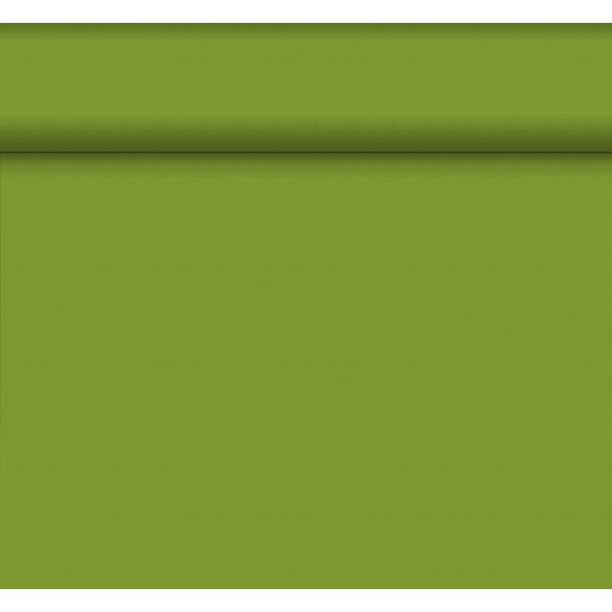 The Bio-DC-Tete a Tete 0.4x24m by Duni GmbH features a solid olive green surface with a horizontal raised line at the top, creating a subtle shadow - an eco-friendly design inspired by biodegradable materials.